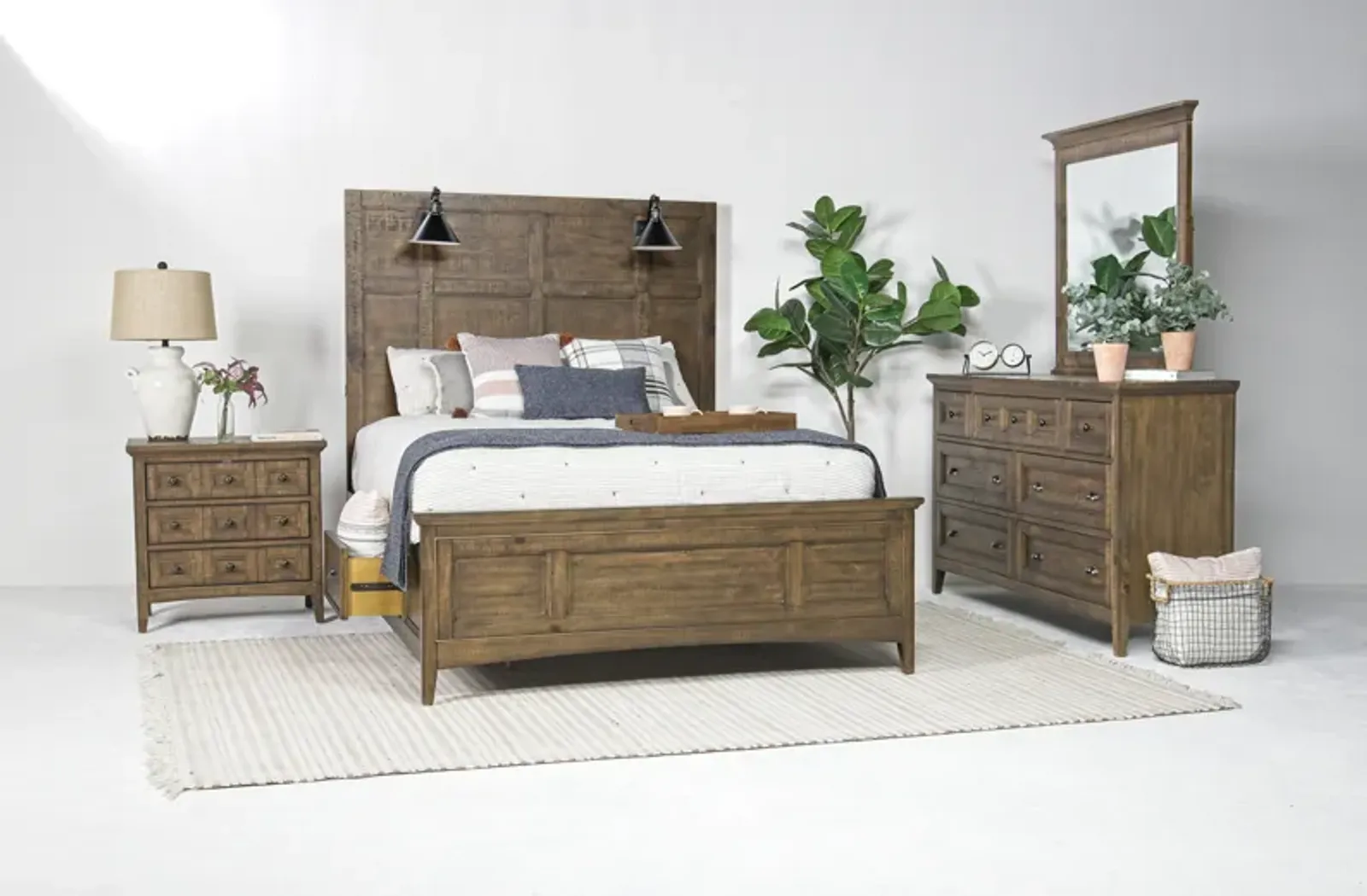 Bay Creek Panel Bed w/ Storage & Lights, Dresser, Mirror & Nightstand in Toasted Nutmeg, Queen