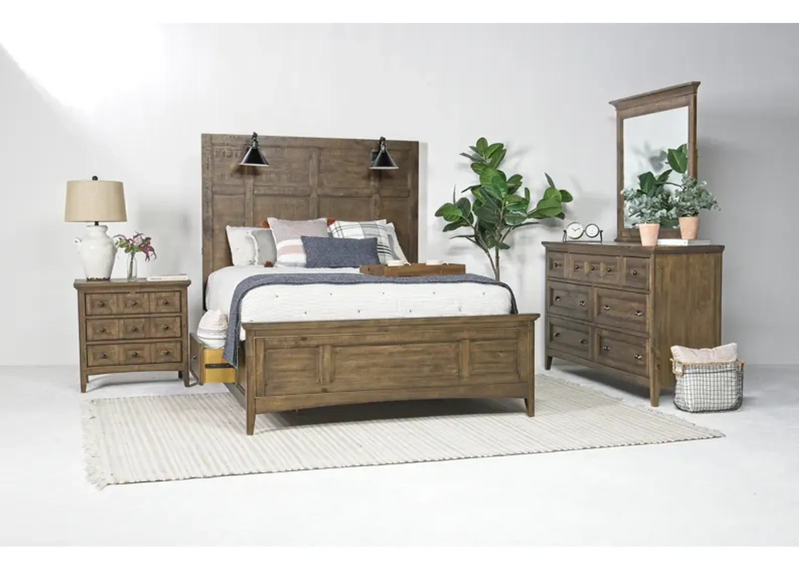 Bay Creek Panel Bed w/ Storage & Lights, Dresser, Mirror & Nightstand in Toasted Nutmeg, Eastern King