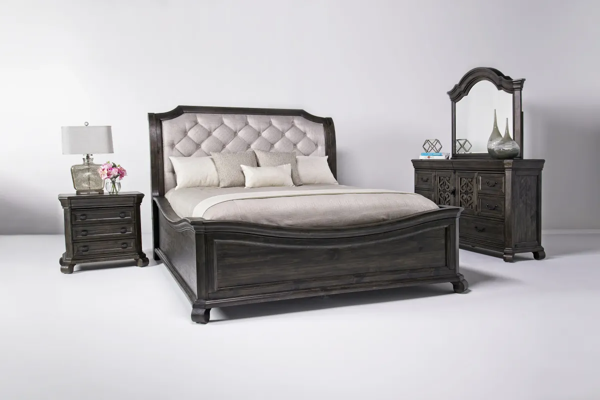 Bellamy Sleigh Bed, Dresser, Mirror & 4 Drawer Nightstand in Charcoal, Queen