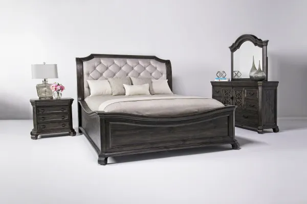 Bellamy Sleigh Bed, Dresser, Mirror & 4 Drawer Nightstand in Charcoal, Eastern King