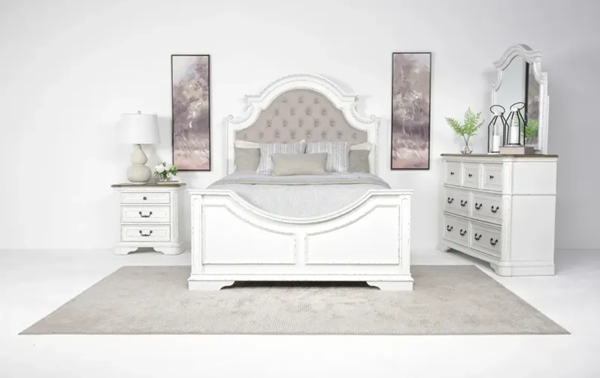 Bellevue Panel Bed, Dresser, Mirror & Nightstand in Antique White, Queen