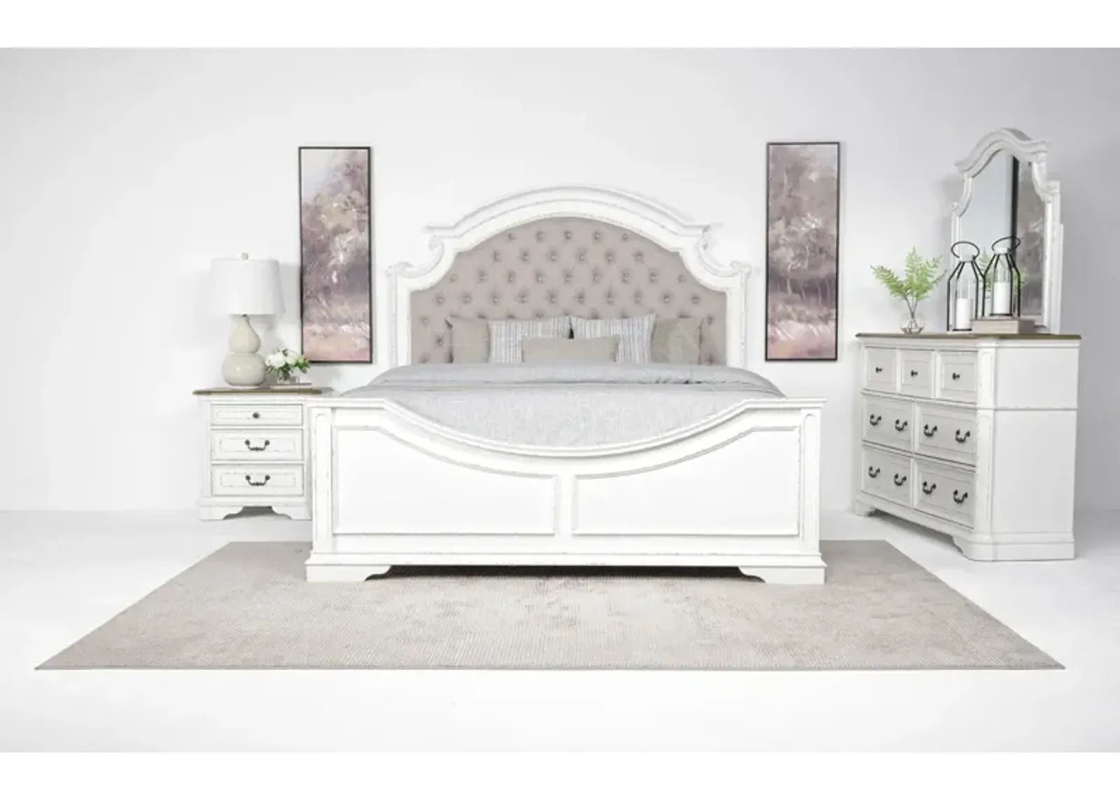 Bellevue Panel Bed, Dresser, Mirror & Nightstand in Antique White, Eastern King