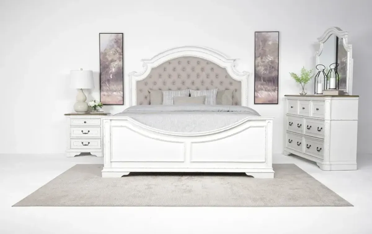 Bellevue Panel Bed, Dresser, Mirror & Nightstand in Antique White, Eastern King