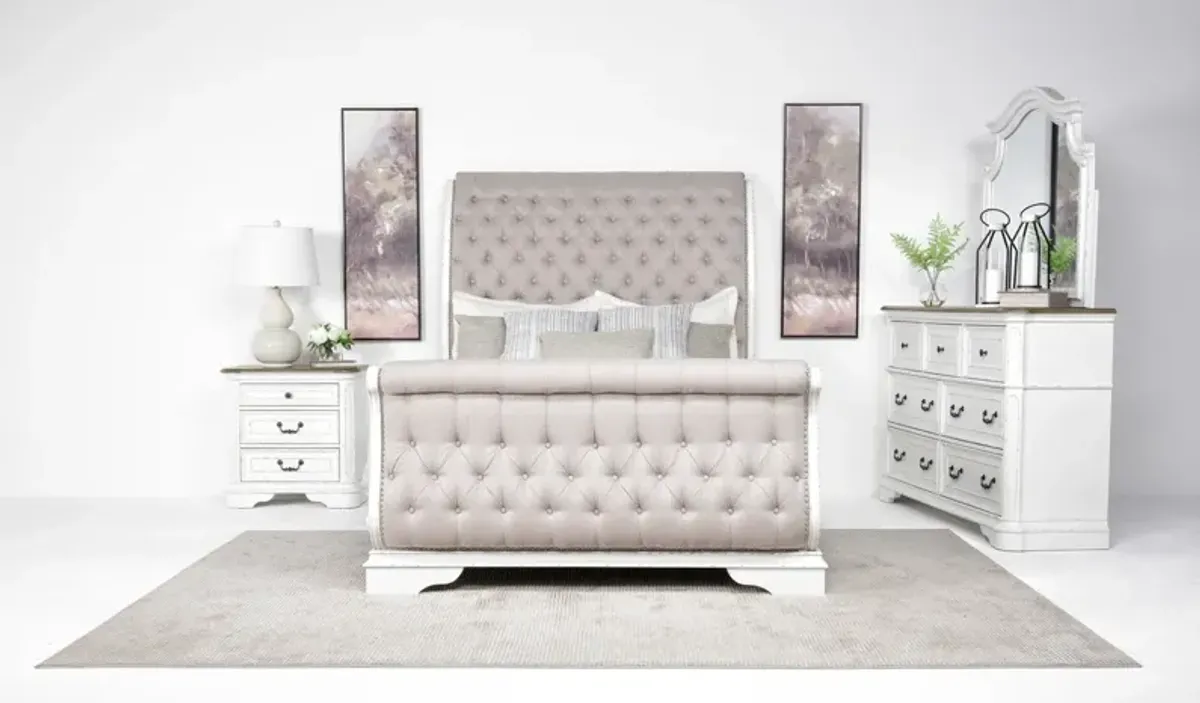 Bellevue Sleigh Bed, Dresser, Mirror & Nightstand in Antique White, Queen