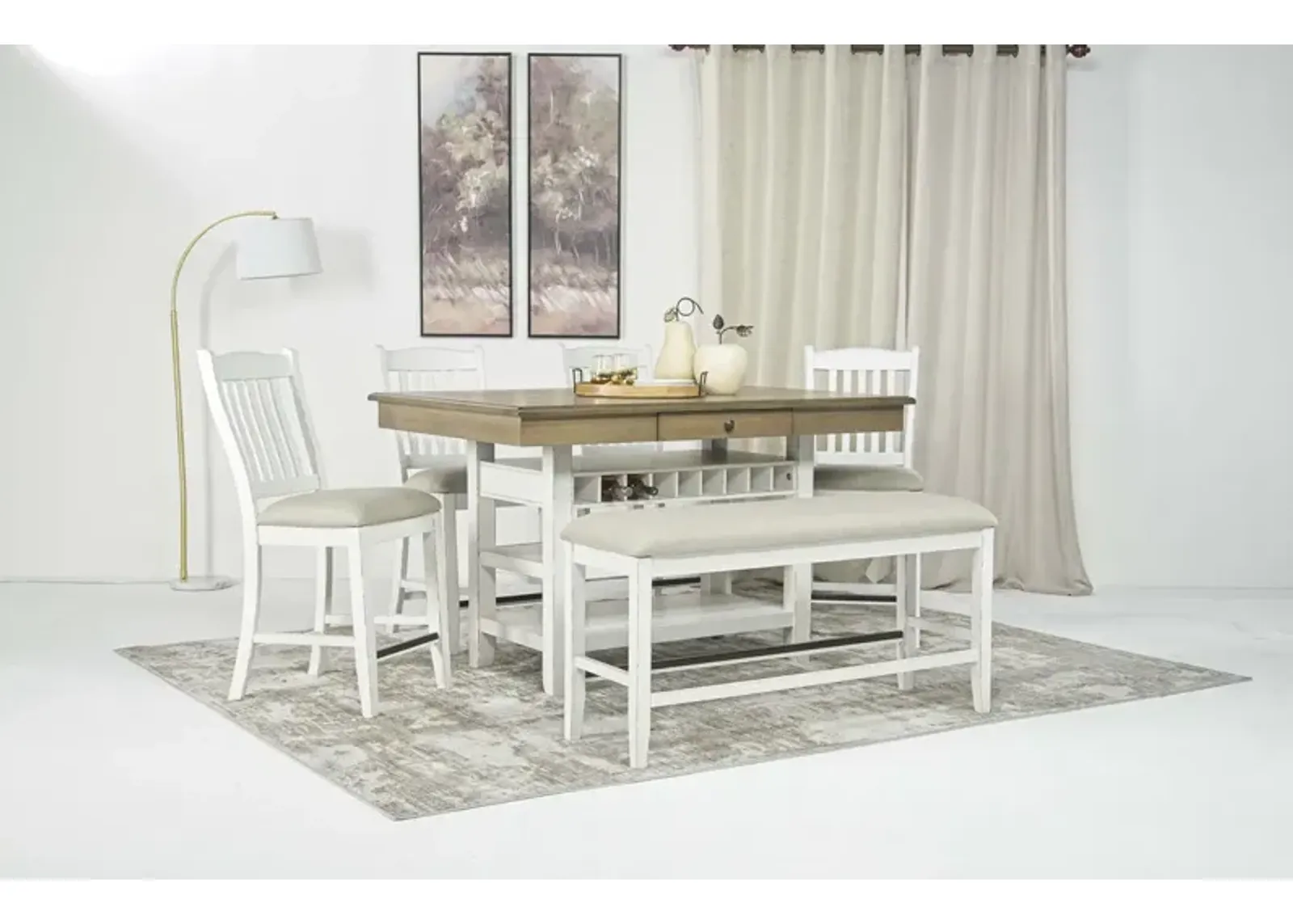 Bellevue Counter Height Dining Table, 4 Stools & Bench in Antique White