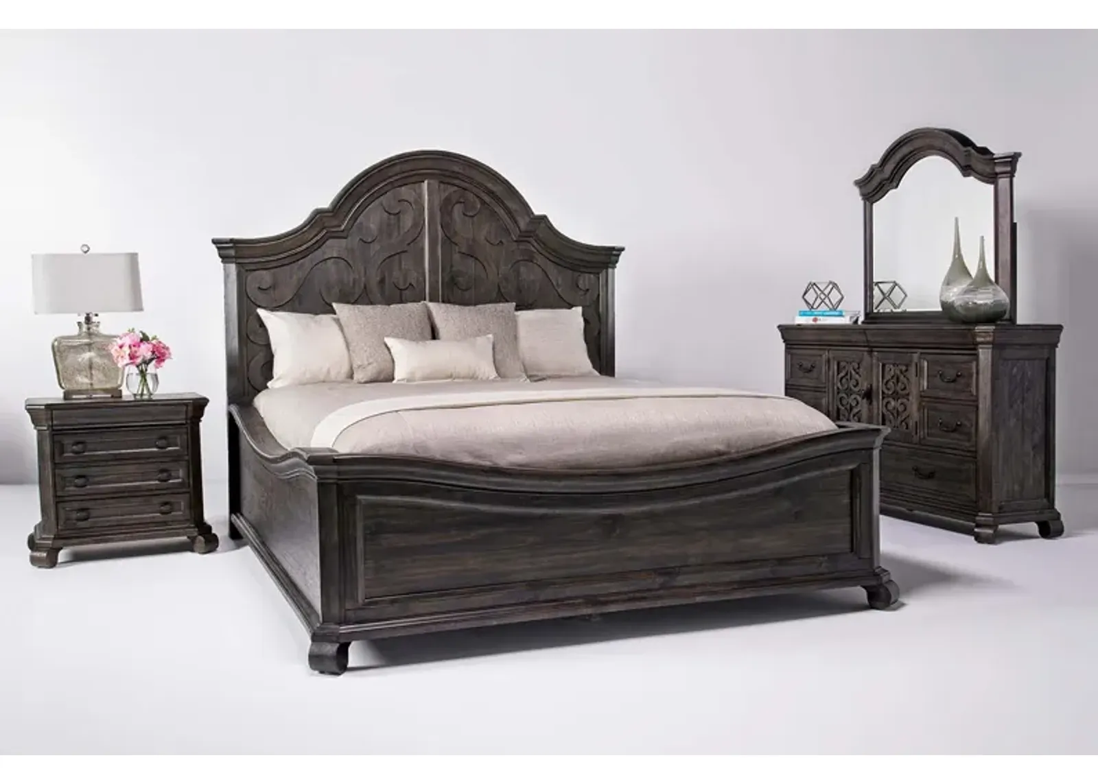 Bellamy Arch Panel Bed, Dresser & Mirror in Charcoal, CA King