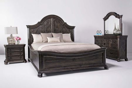 Bellamy Arch Panel Bed, Dresser & Mirror in Charcoal, Eastern King