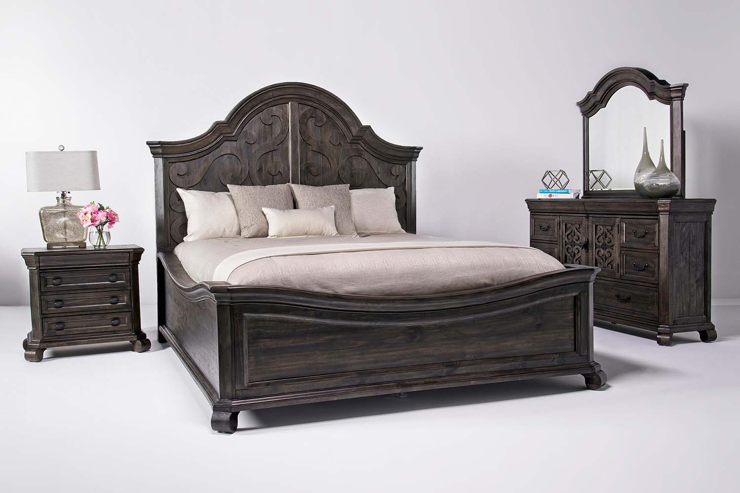 Bellamy Arch Panel Bed, Dresser & Mirror in Charcoal, Queen