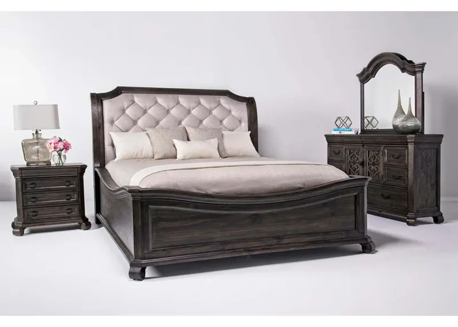 Bellamy Sleigh Bed, Dresser & Mirror in Charcoal, CA King