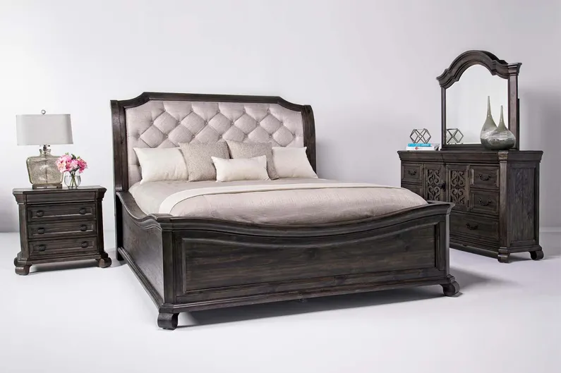 Bellamy Sleigh Bed, Dresser & Mirror in Charcoal, CA King