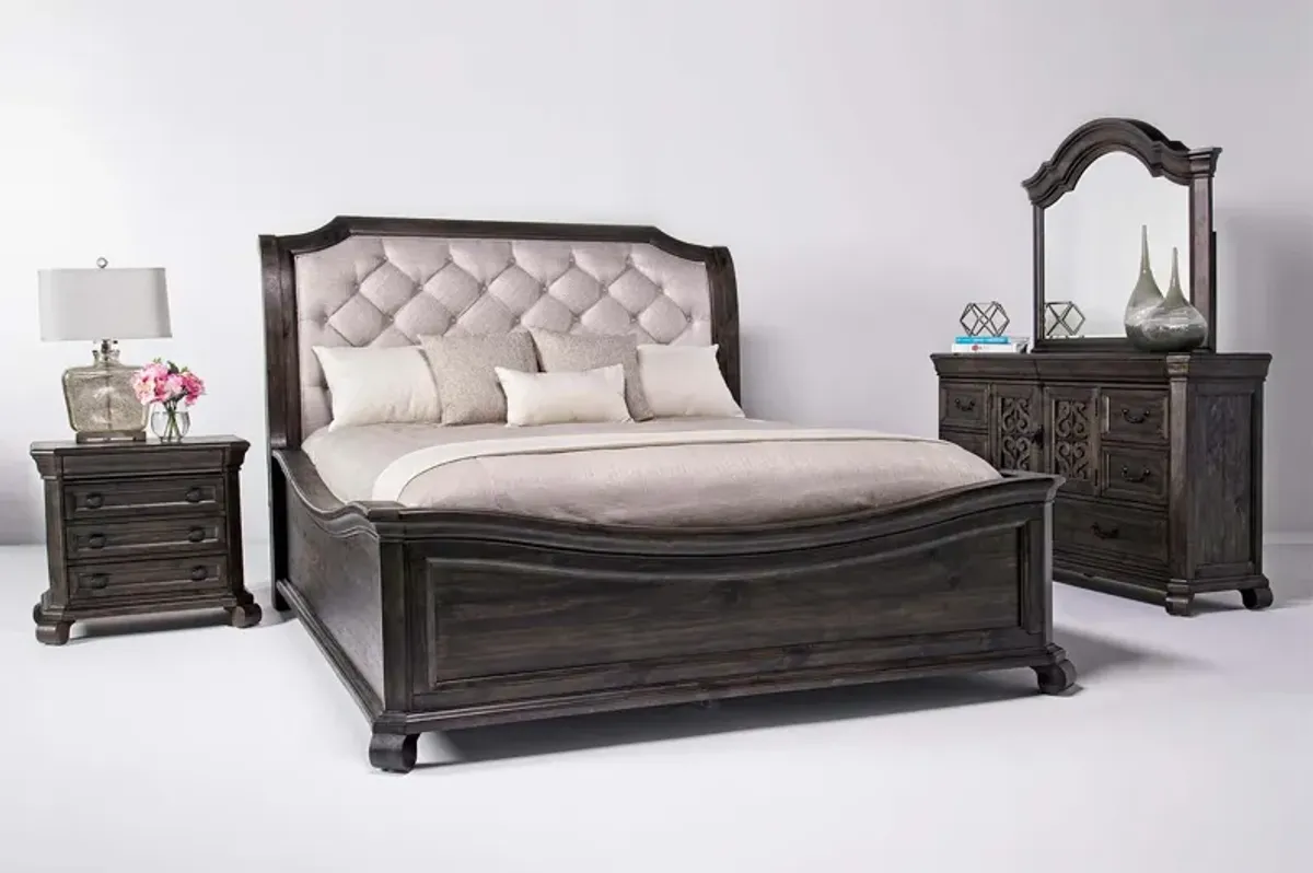 Bellamy Sleigh Bed, Dresser & Mirror in Charcoal, Eastern King