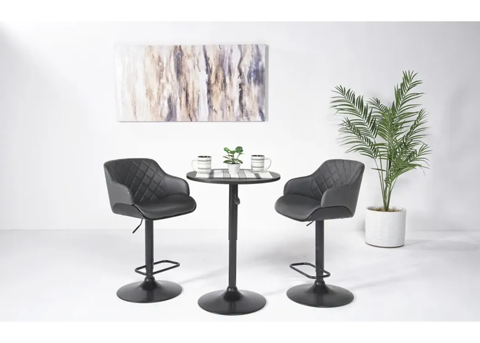 Bentley Adjustable Height Round Pub Table in Black & 2 Toby Barstools, Swivel