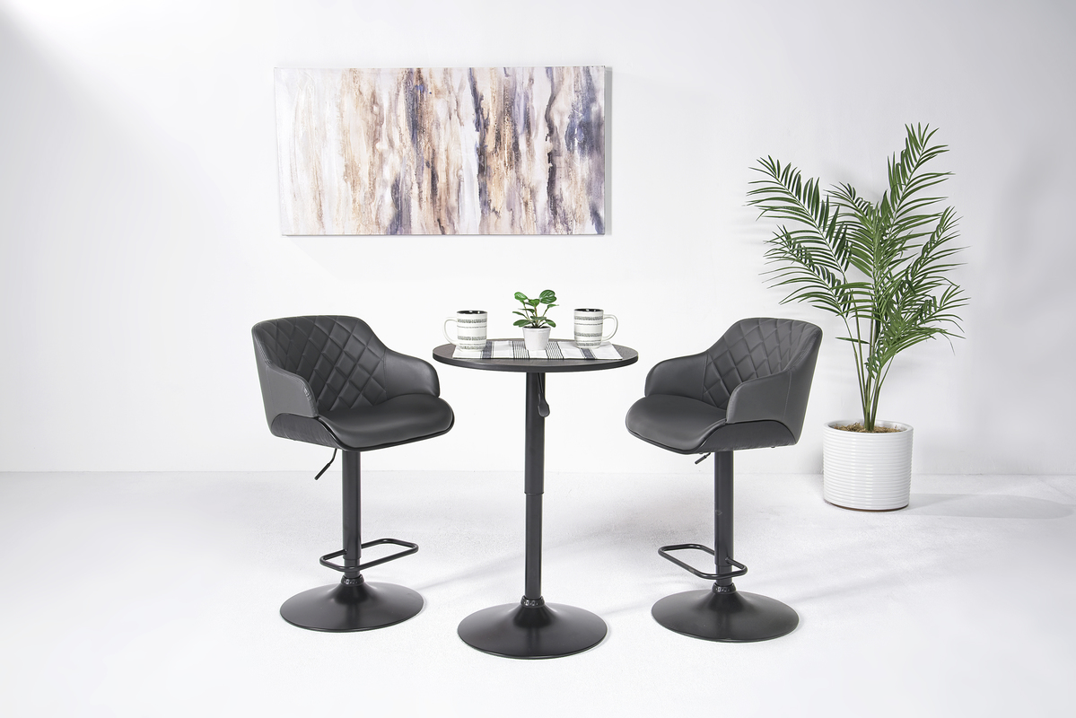 Bentley Adjustable Height Round Pub Table in Black & 2 Toby Barstools, Swivel