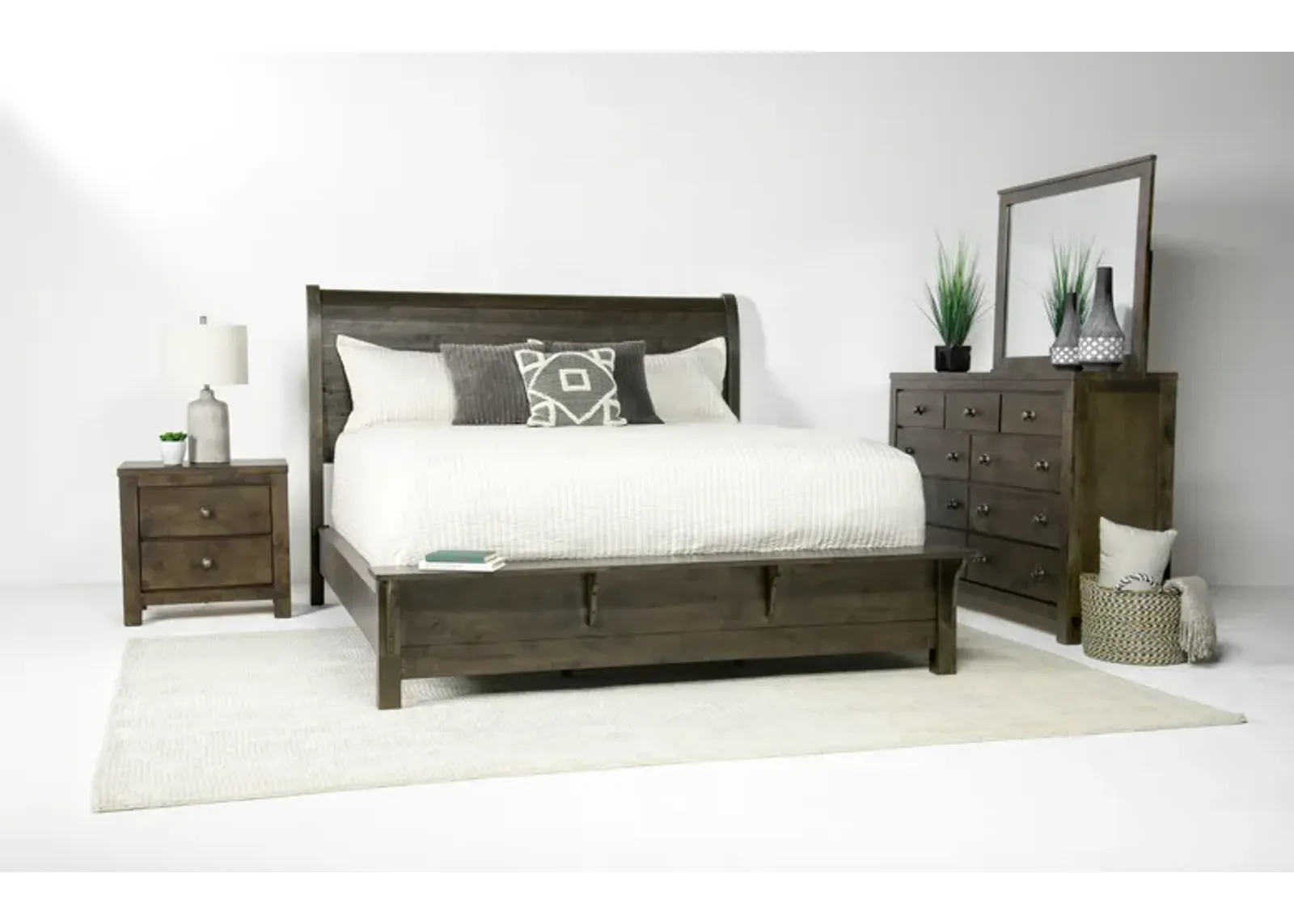 Blue Ridge Panel Bed, Dresser, Mirror & Nightstand in Rustic Gray, CA King