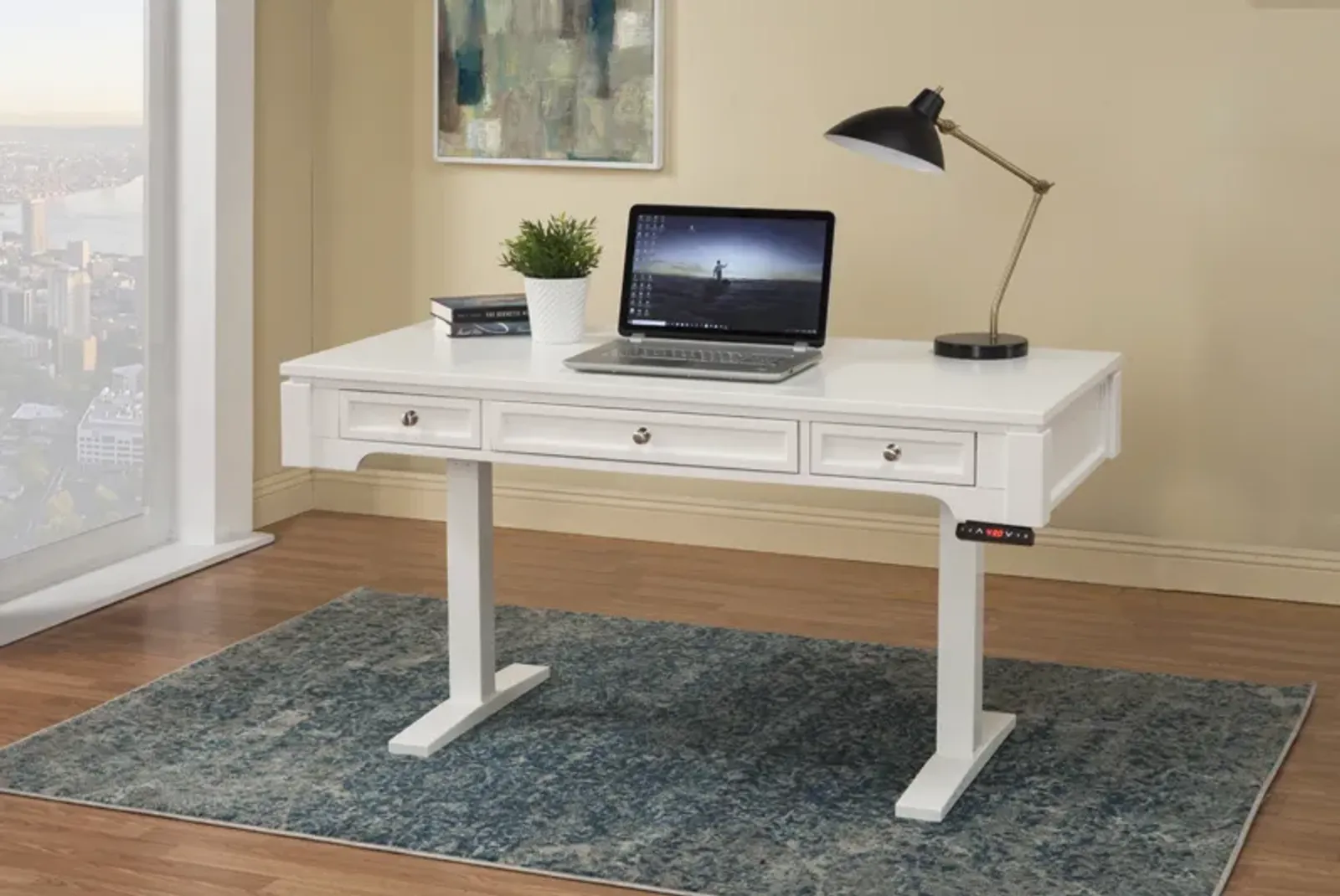 Boca Power Lift Office Desk in White, 57 Inch