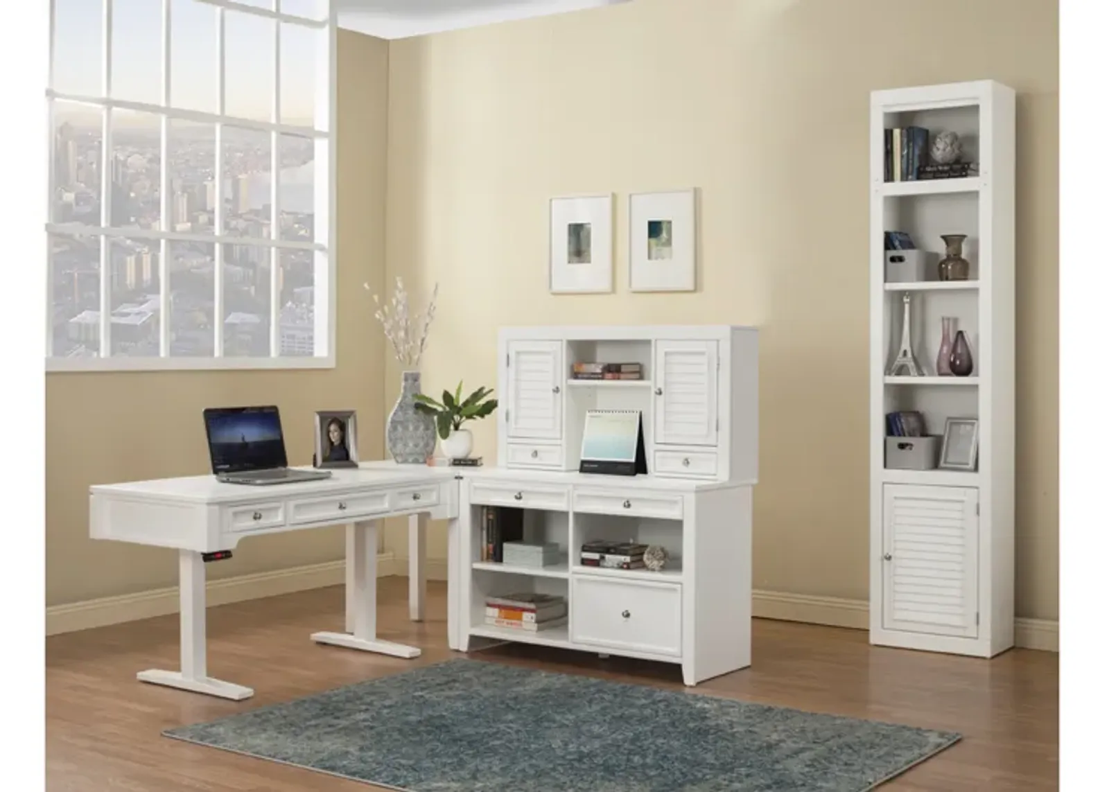 Boca Power Lift Office Desk, Credenza & Hutch in White