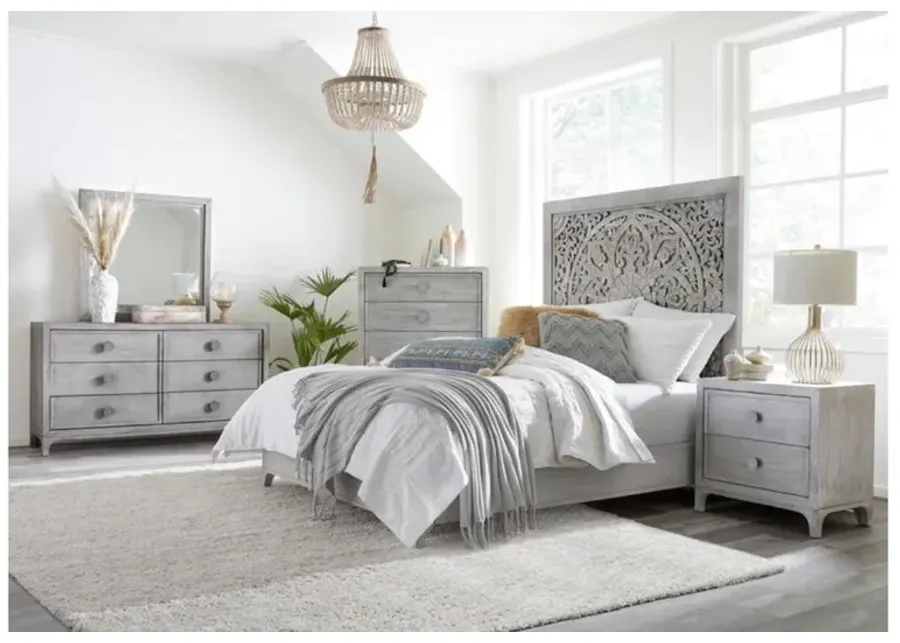 Boho Chic Platform Bed, Dresser, Mirror & Nightstand in Washed White, Queen