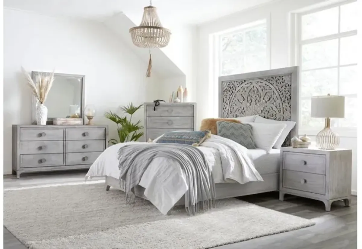 Boho Chic Platform Bed, Dresser, Mirror & Nightstand in Washed White, Queen