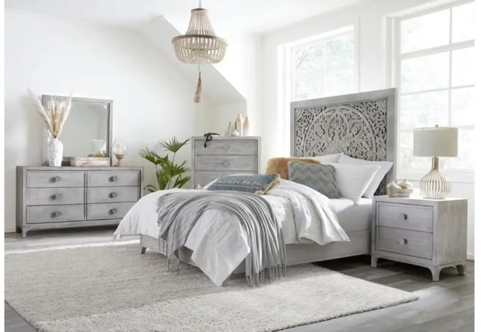 Boho Chic Platform Bed, Dresser, Mirror & Nightstand in Washed White, Queen