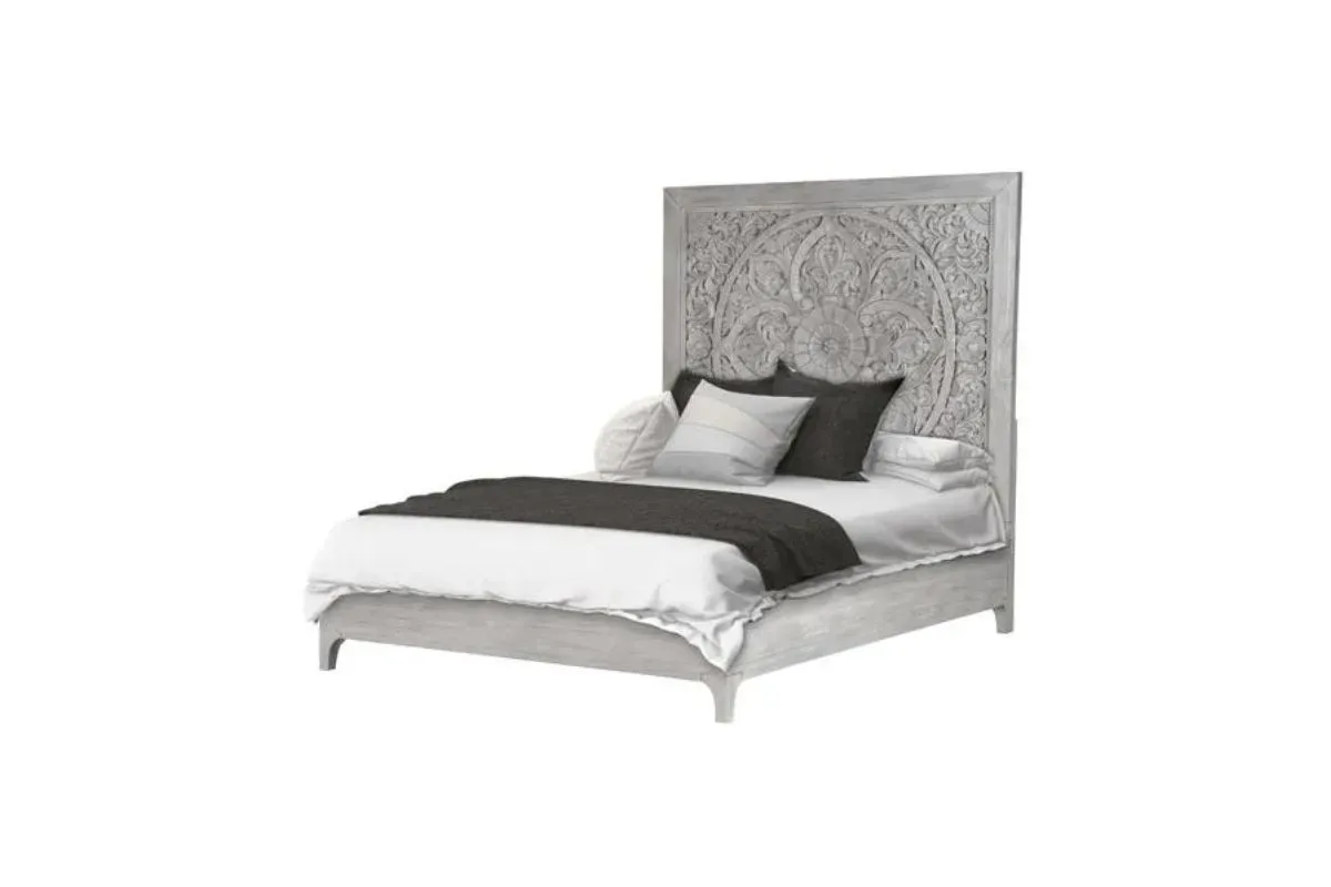 Boho Chic Platform Bed, Dresser, Mirror & Nightstand in Washed White, CA King