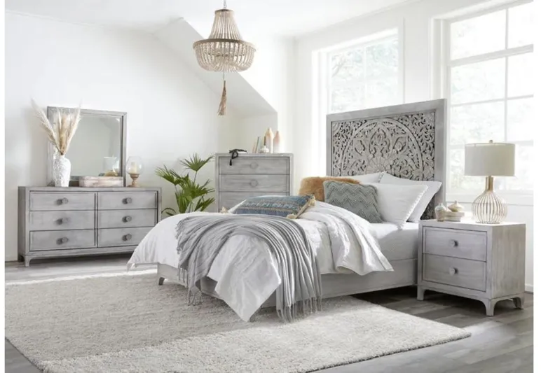 Boho Chic Platform Bed, Dresser, Mirror & Nightstand in Washed White, CA King