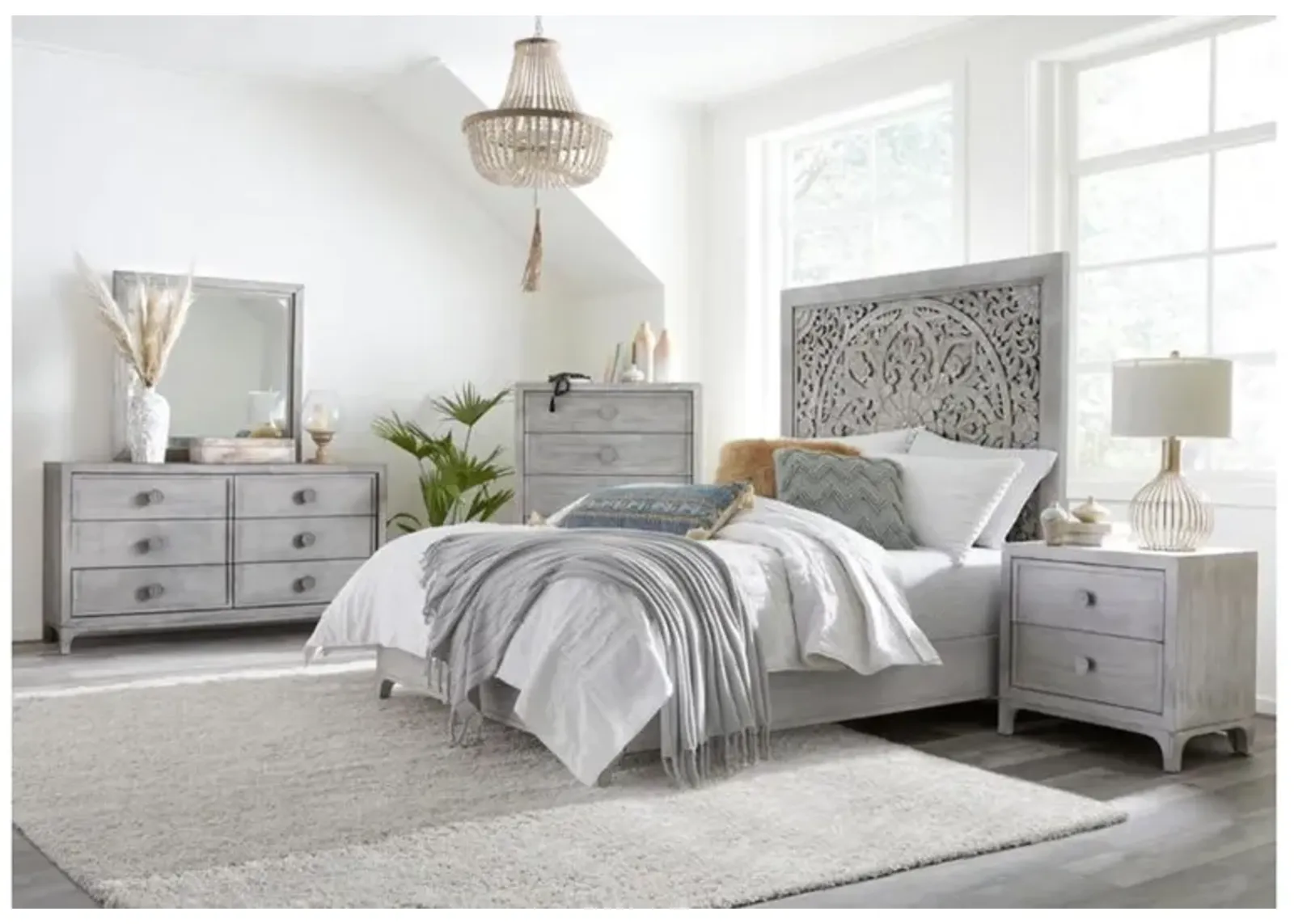 Boho Chic Platform Bed, Dresser, Mirror & Nightstand in Washed White, Full