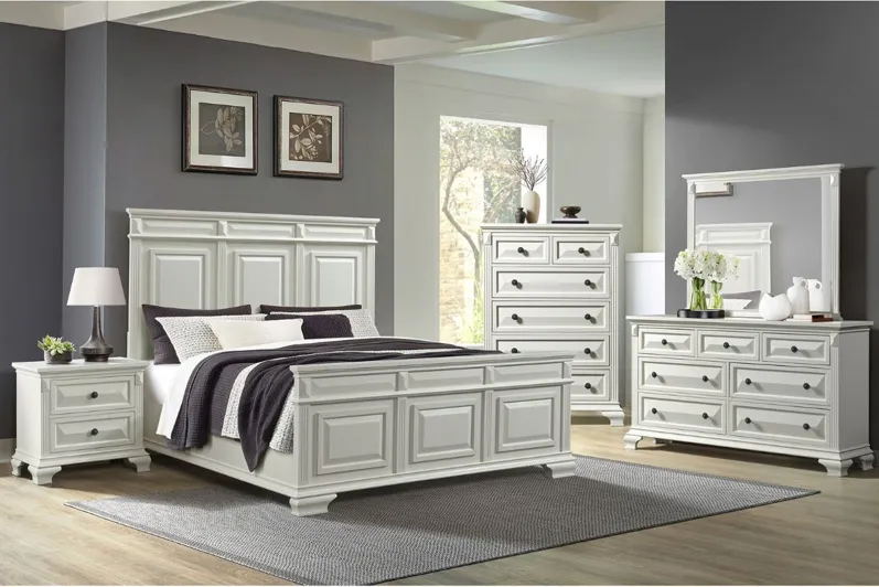 Bridgestone Panel Bed, Dresser, Mirror & Nightstand in Antique White, Queen