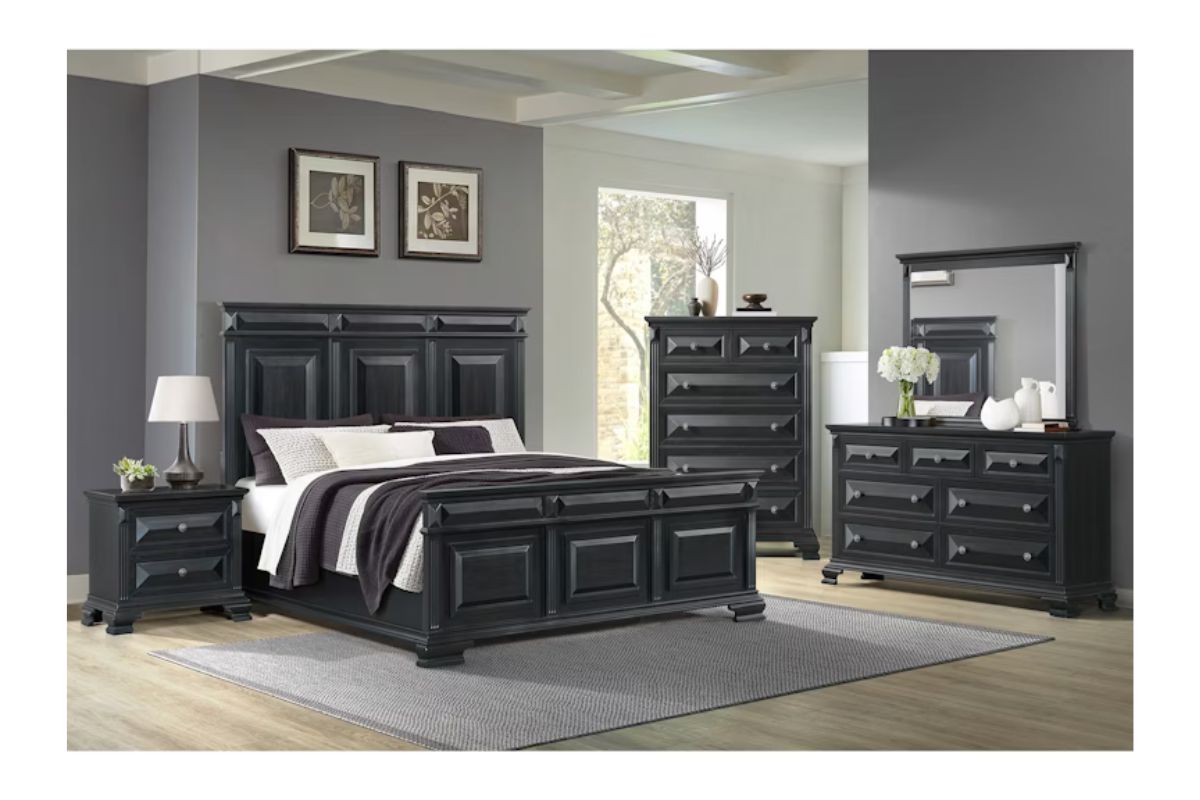 Bridgestone Panel Bed, Dresser, Mirror & Nightstand in Black, Queen