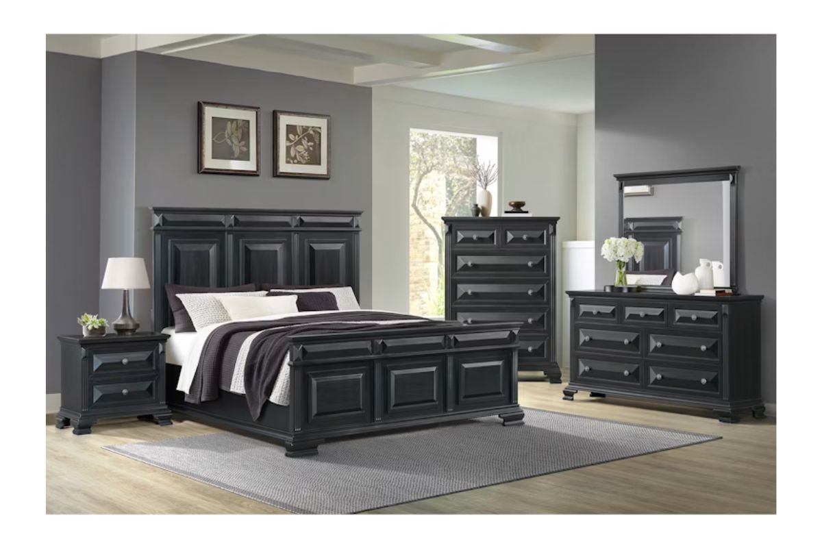 Bridgestone Panel Bed, Dresser, Mirror & Nightstand in Black, Eastern King