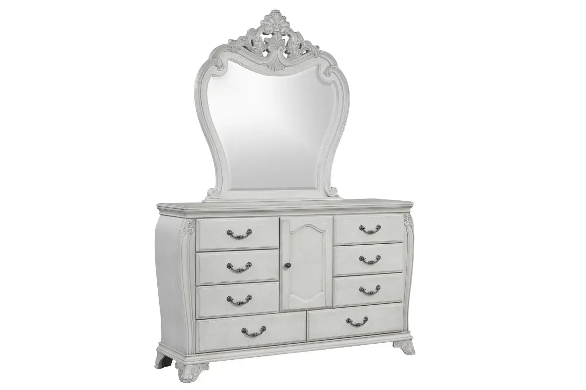 Cambria Panel Bed, Dresser, Mirror & Nightstand in Mist Gray, Queen