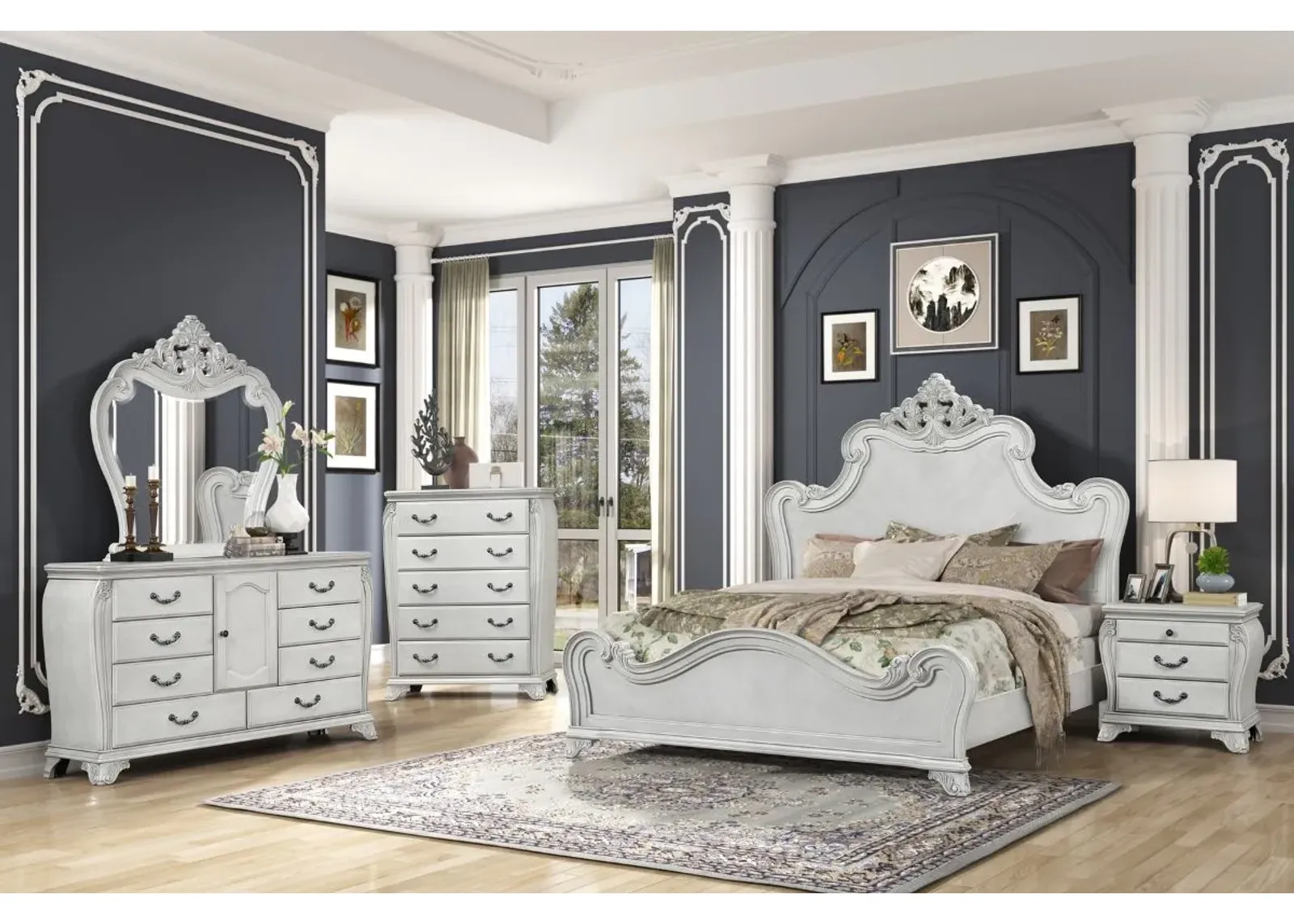 Cambria Panel Bed, Dresser, Mirror & Nightstand in Mist Gray, Queen