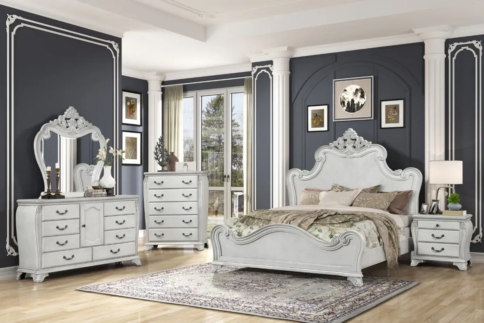 Cambria Panel Bed, Dresser, Mirror & Nightstand in Mist Gray, Queen