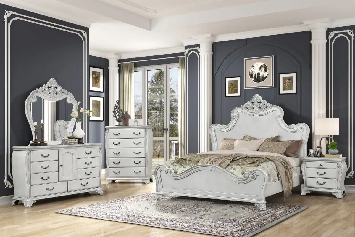 Cambria Panel Bed, Dresser, Mirror & Nightstand in Mist Gray, Eastern King