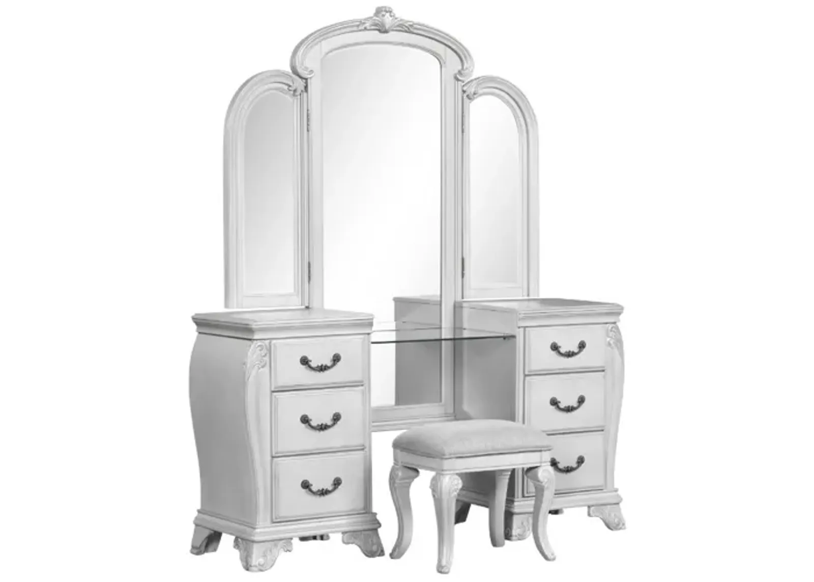 Cambria Vanity, Mirror & Stool in Mist Gray