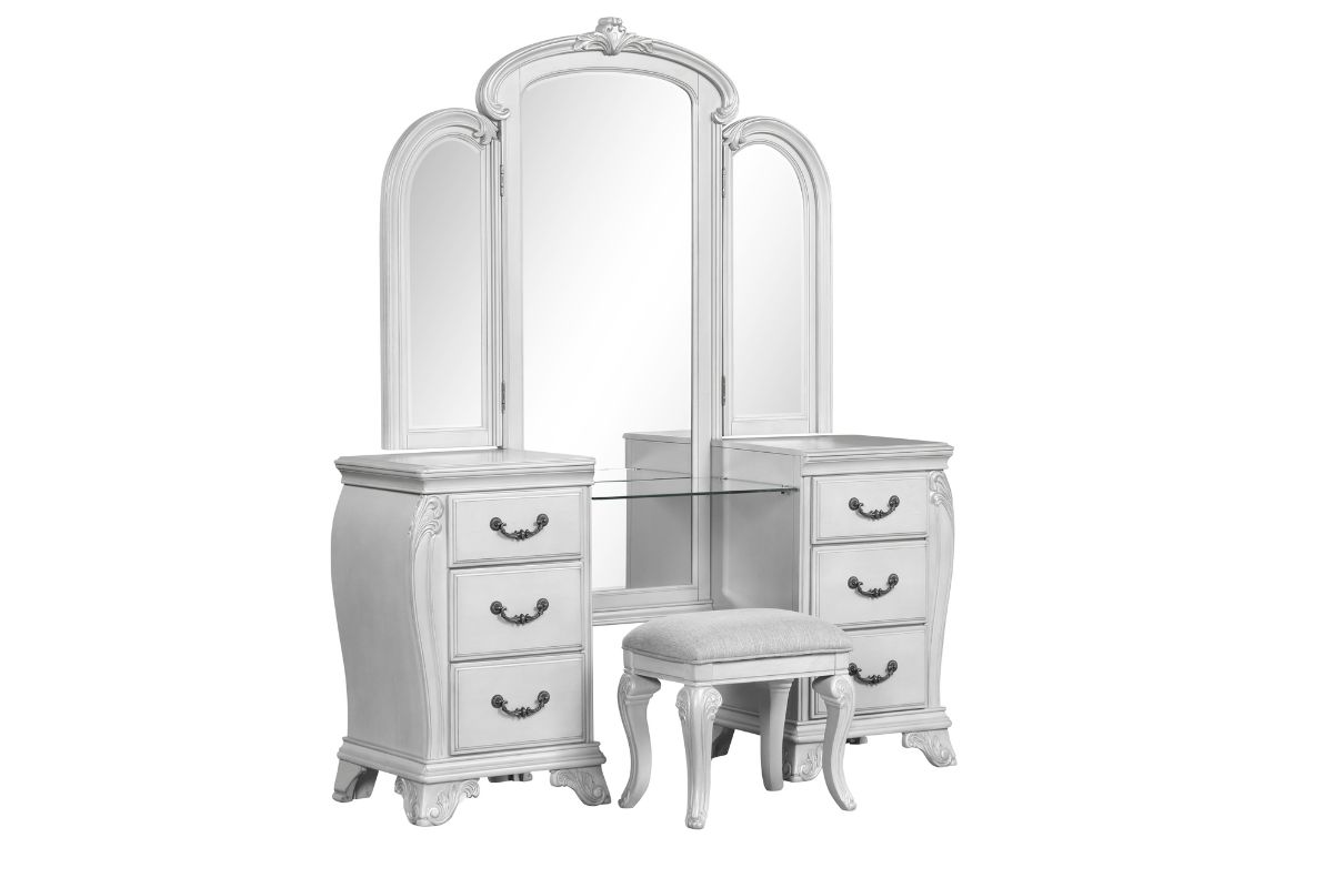 Cambria Vanity, Mirror & Stool in Mist Gray