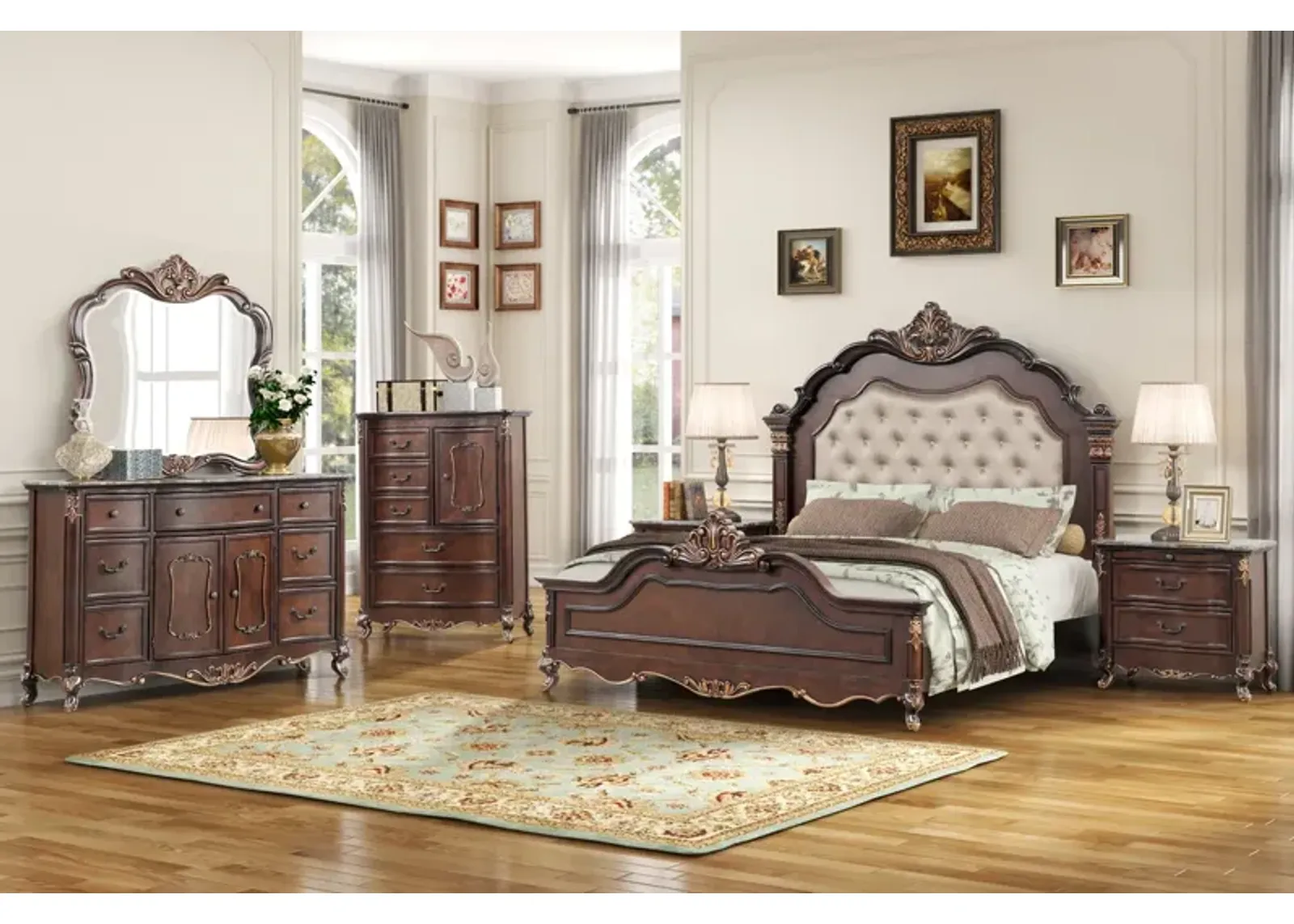 Constantine Upholstered Bed, Dresser & Mirror in Cherry, CA King