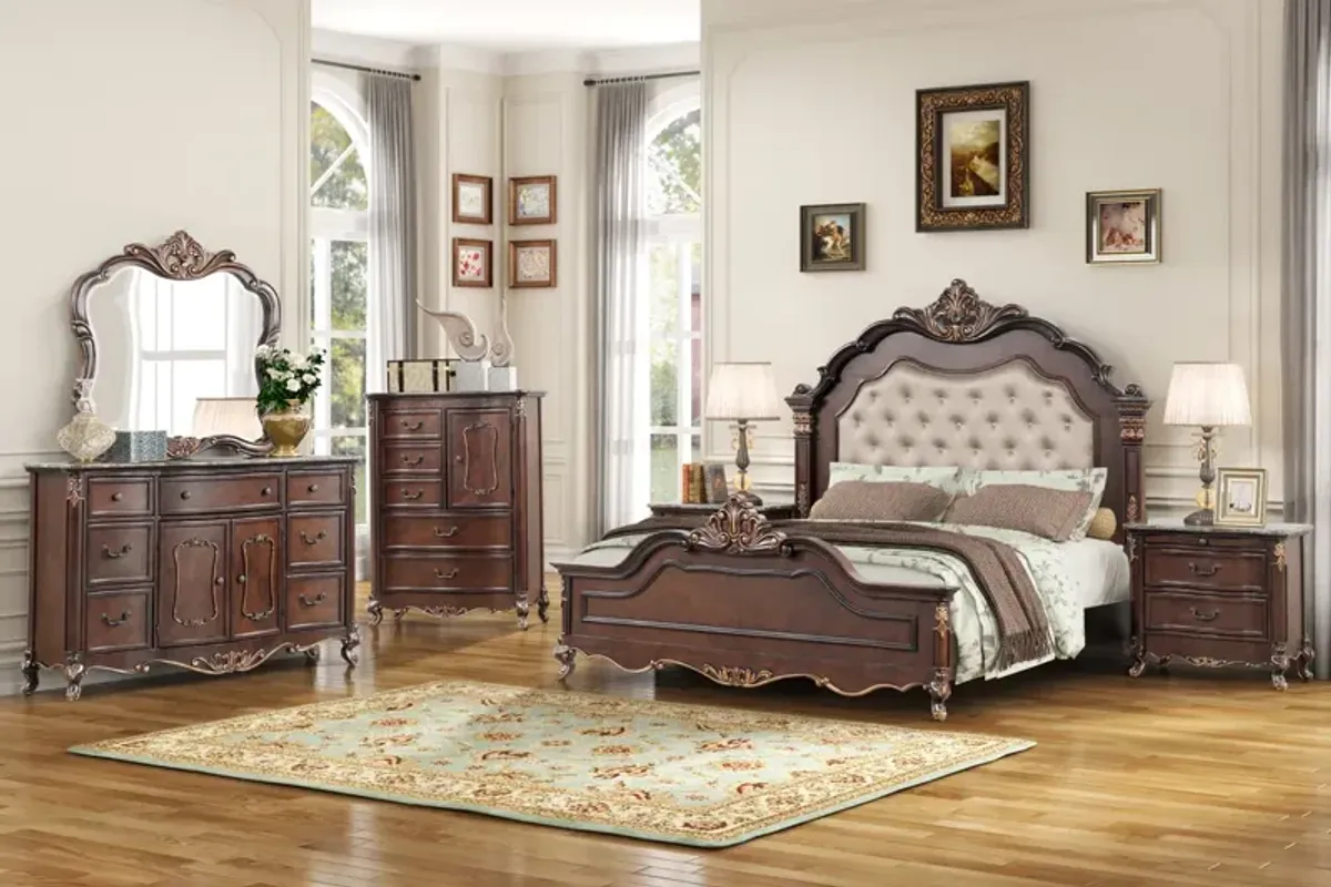 Constantine Upholstered Bed, Dresser, Mirror & Nightstand in Cherry, CA King