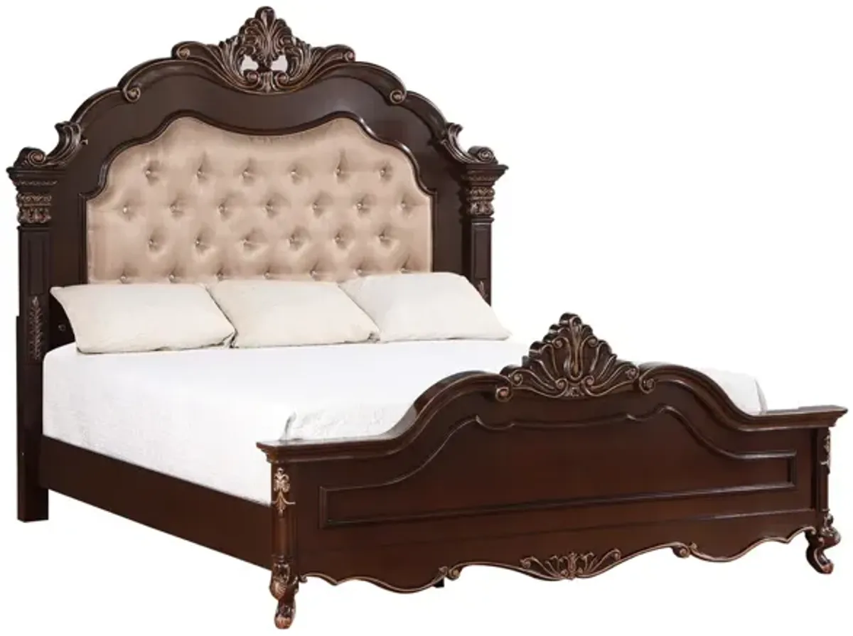 Constantine Upholstered Bed, Dresser & Mirror in Cherry, Eastern King