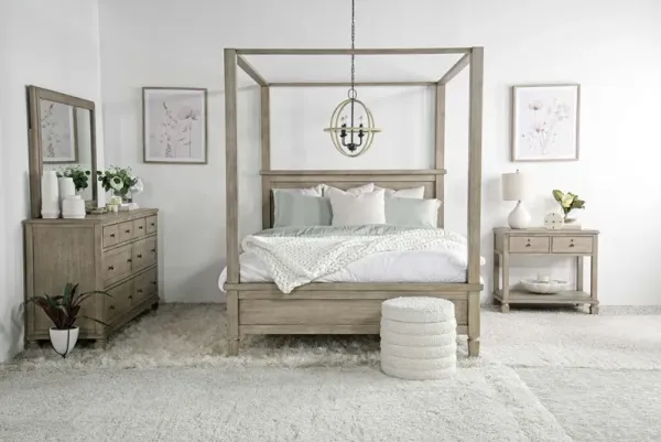 Country Side Canopy Bed, Dresser, Mirror & Nightstand in Brown, Queen