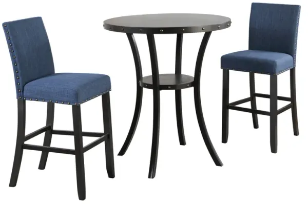 Crispin Round Bar Height Dining Table & 2 Barstools in Marine Blue