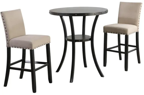 Crispin Round Bar Height Dining Table & 2 Barstools in Natural Beige