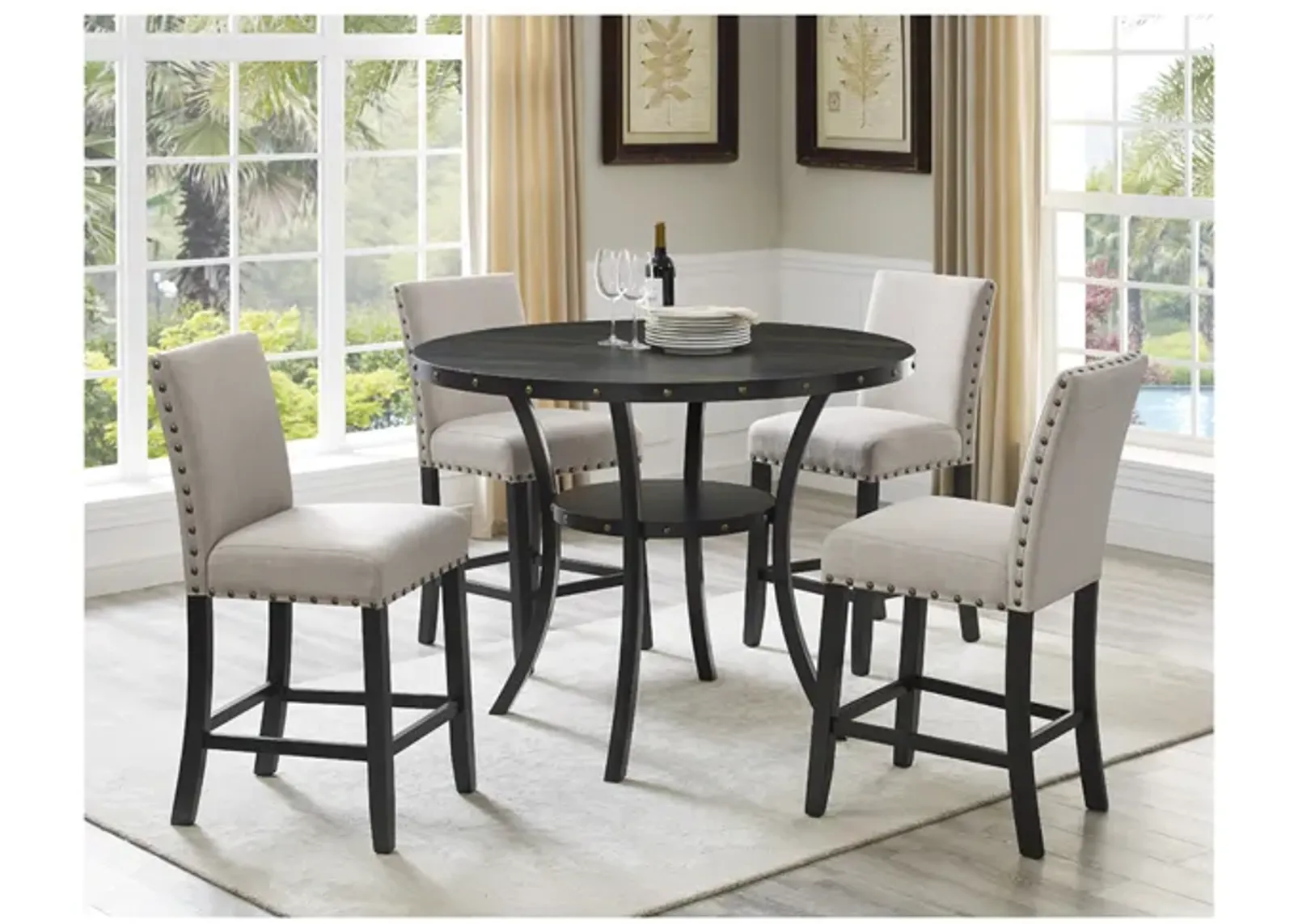 Crispin Round Counter Height Dining Table & 4 Stools in Natural Beige