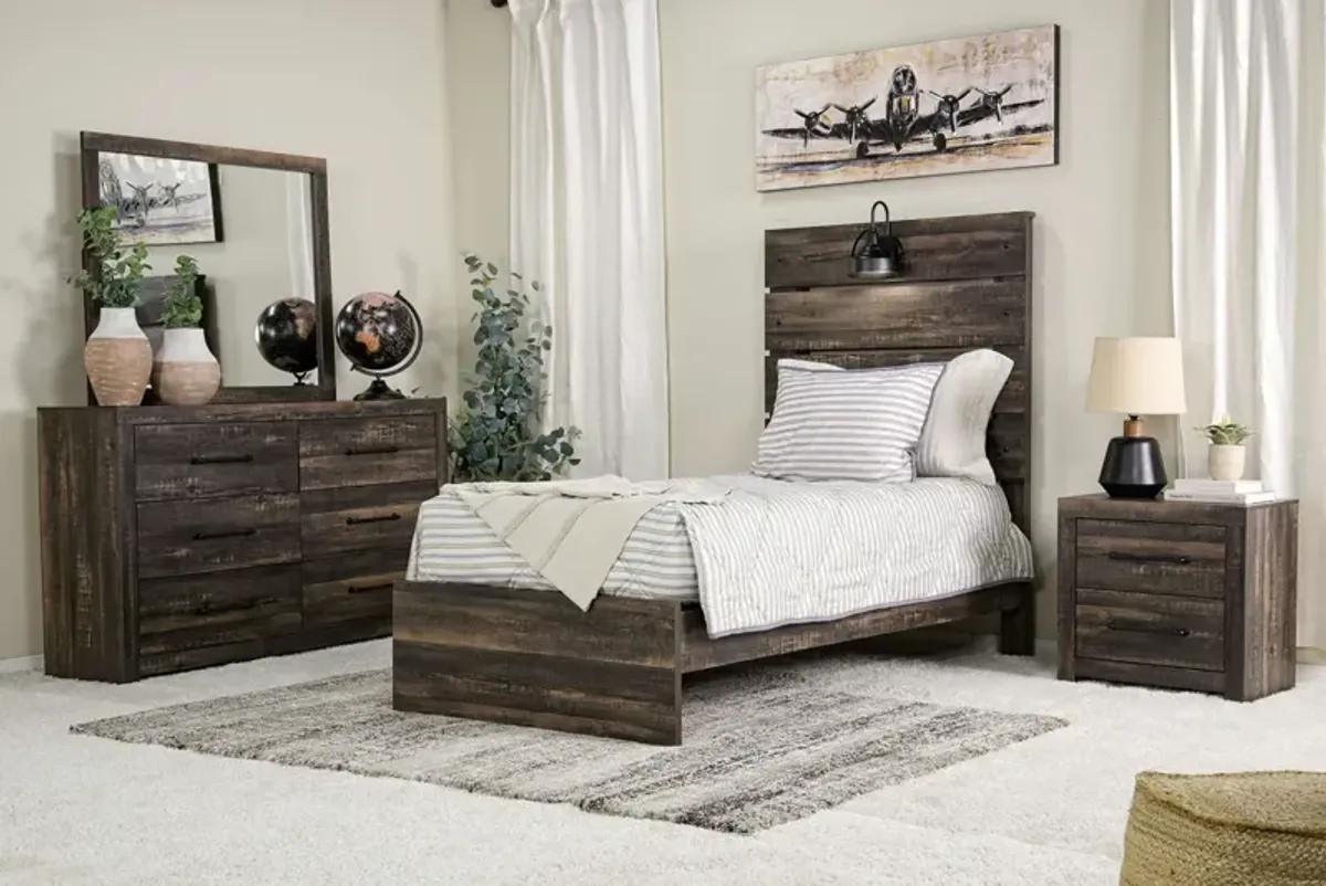 Dallas Panel Bed w/ Lights, Dresser, Mirror & Nightstand in Brown, Twin