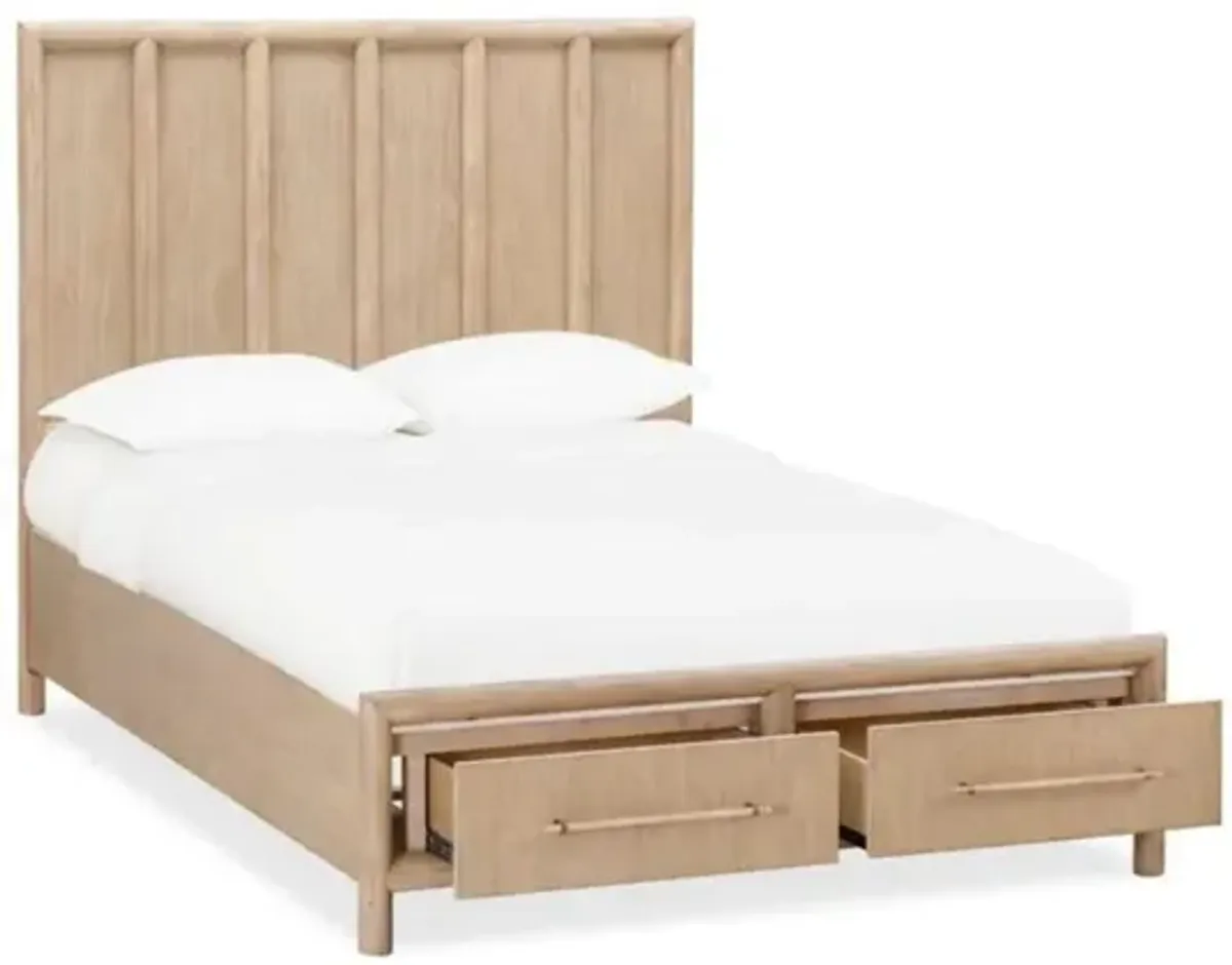 Dorsey Panel Bed w/ Storage, Dresser, Mirror & 2 Drawer Nightstand in Granola, Queen