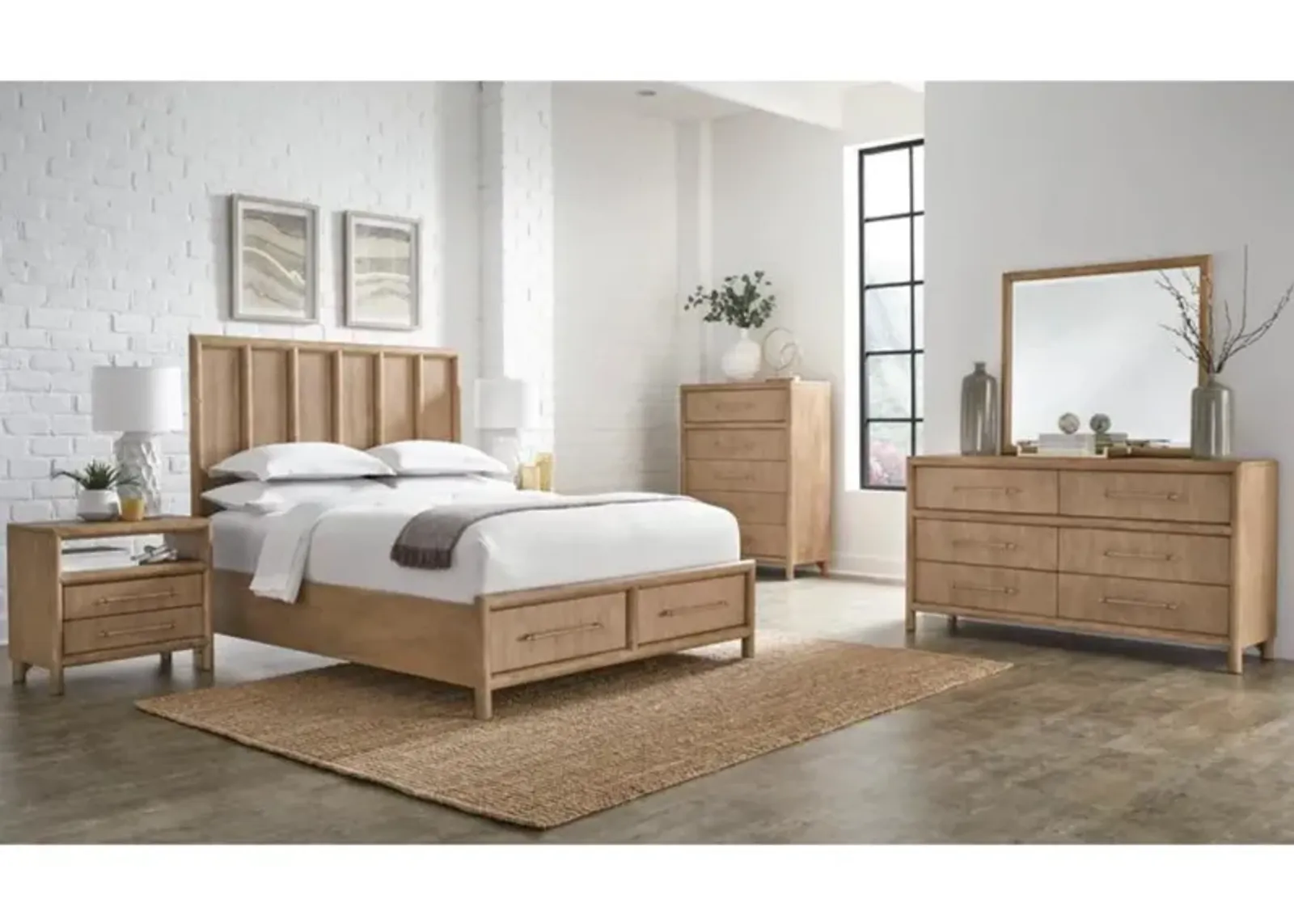 Dorsey Panel Bed w/ Storage, Dresser, Mirror & 2 Drawer Nightstand in Granola, Queen