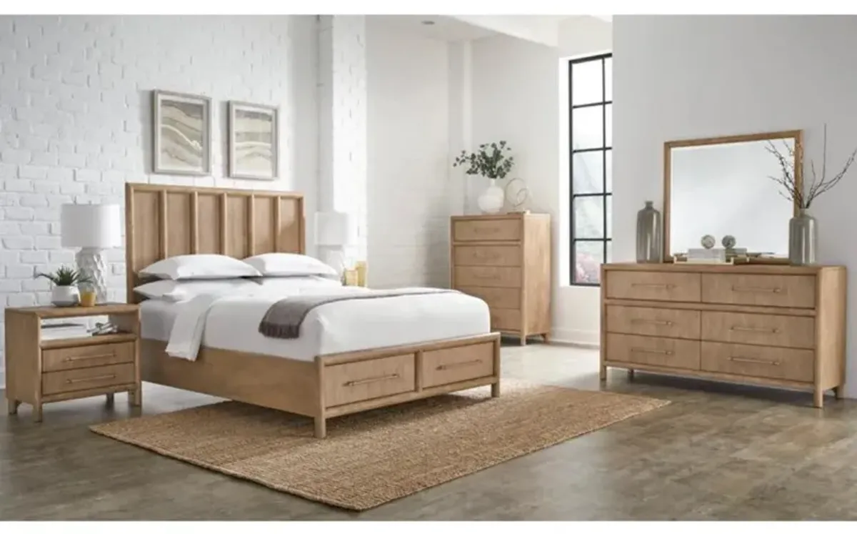 Dorsey Panel Bed w/ Storage, Dresser, Mirror & 2 Drawer Nightstand in Granola, Queen