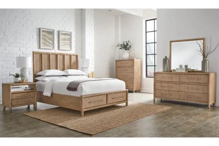 Dorsey Panel Bed w/ Storage, Dresser, Mirror & 2 Drawer Nightstand in Granola, Queen