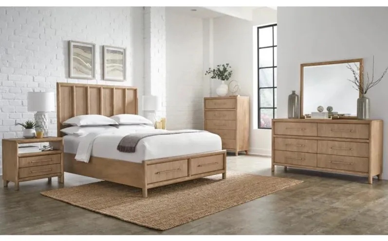 Dorsey Panel Bed w/ Storage, Dresser, Mirror & 2 Drawer Nightstand in Granola, CA King