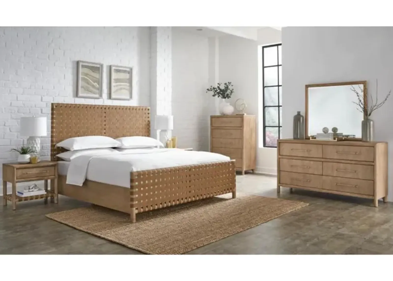 Dorsey Woven Panel Bed, Dresser, Mirror & Nightstand in Granola, Queen