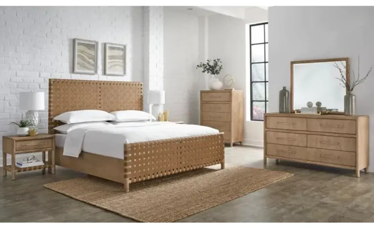 Dorsey Woven Panel Bed, Dresser, Mirror & Nightstand in Granola, Queen